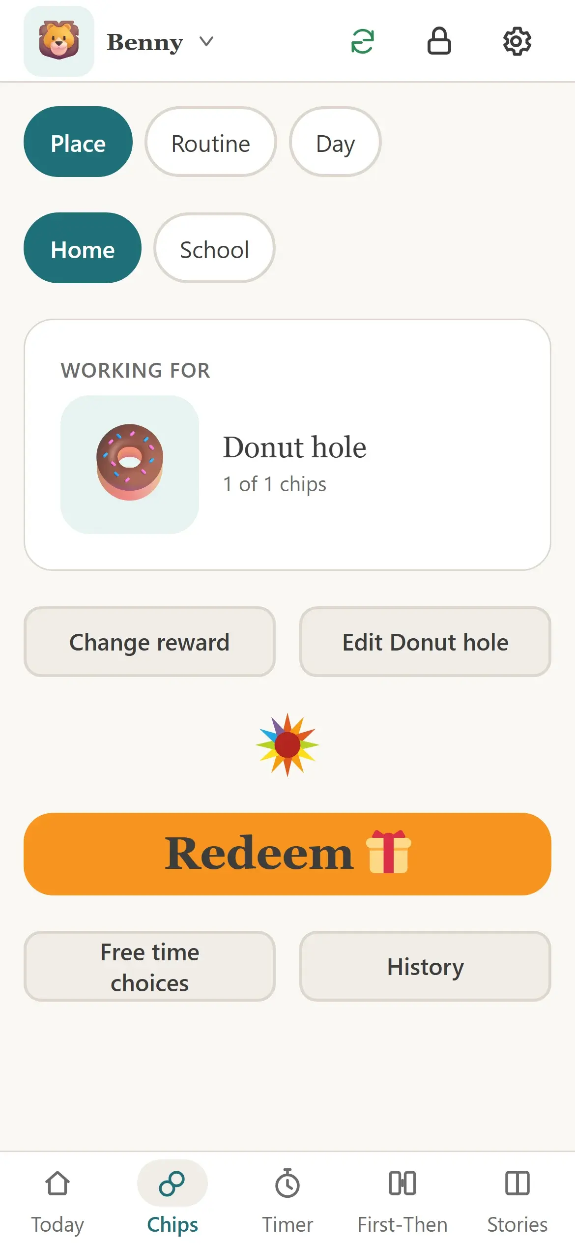 The chip board, working for a donut hole reward, with a Redeem button.