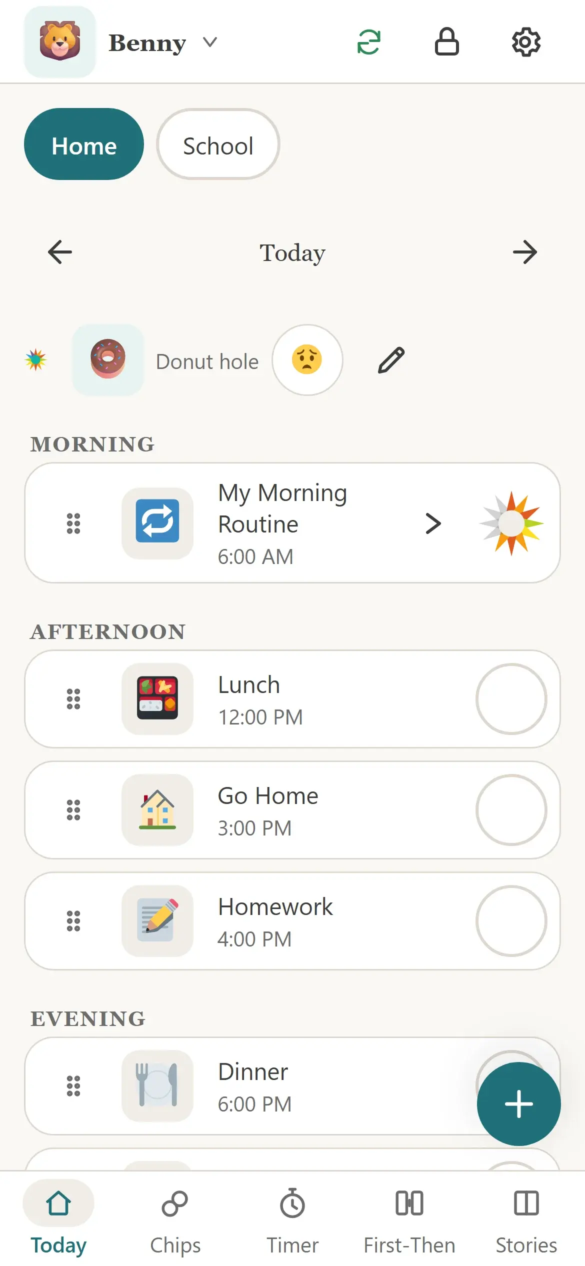 Chipperly's Today screen: a morning routine, lunch, going home and homework, each with a picture and a time.